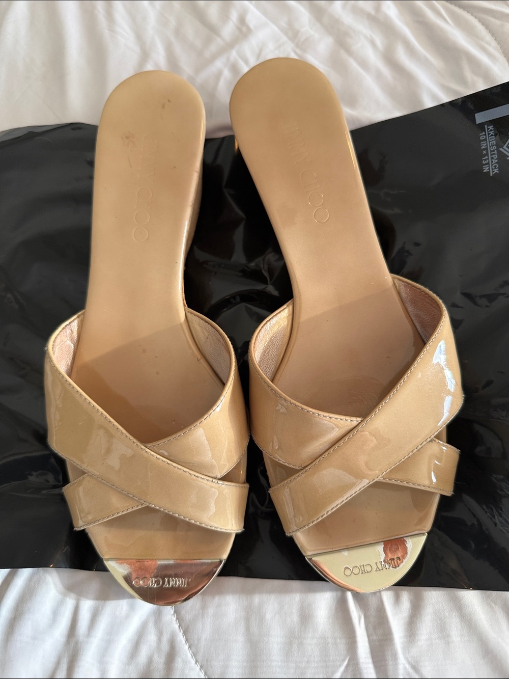 Jimmy Choo Nude Patent Crisscross Slide Mules with Metallic Toe Accents